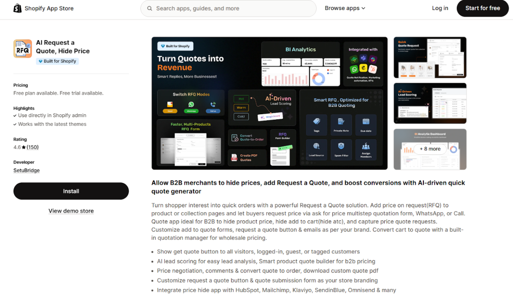 AI Request a Quote, Hide Price (SetuBridge)